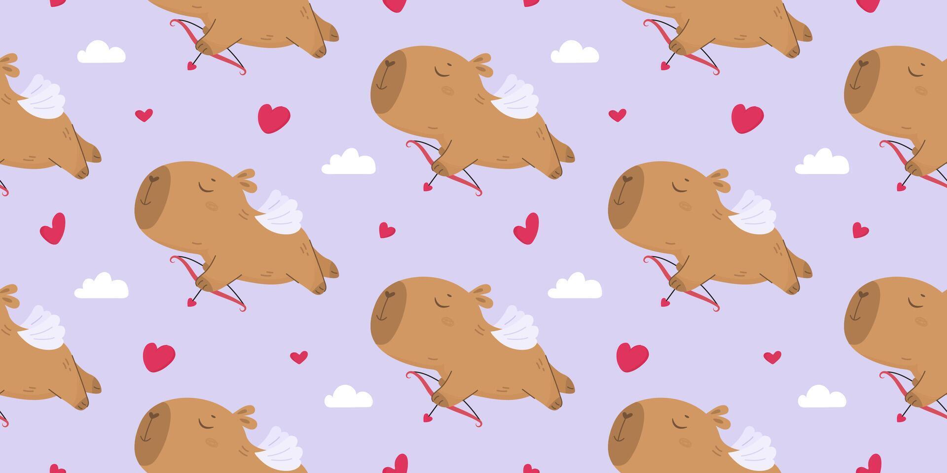 Seamless pattern with funny cupid capybara vector