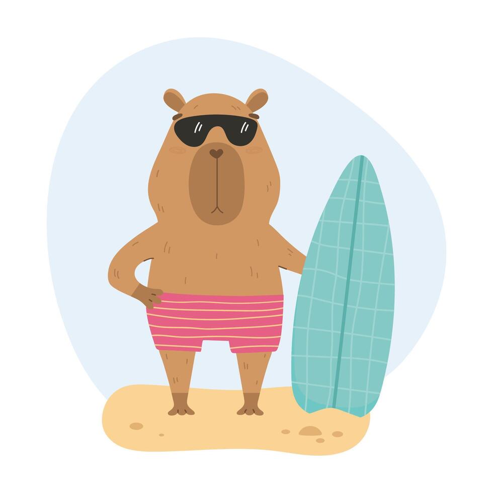 Funny capybara with surf board on a sand beach vector