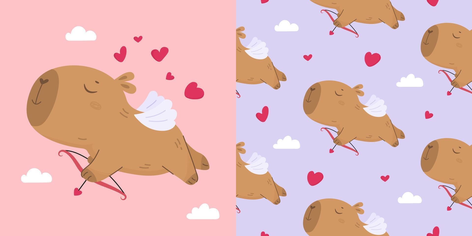 Seamless pattern with funny cupid capybara vector