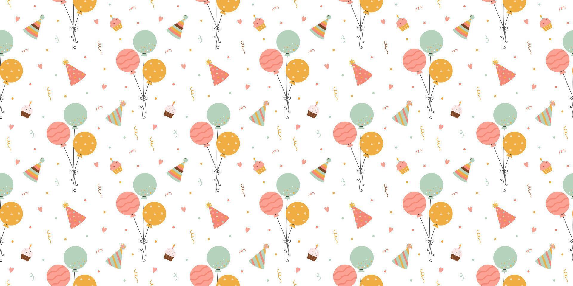 Fun pattern with cakes, hats, balloons, confetti vector