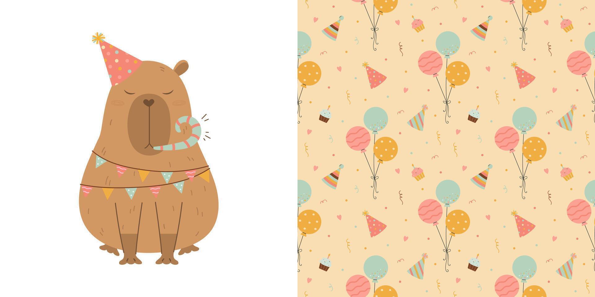 Funny capybara and birthday party seamless pattern vector