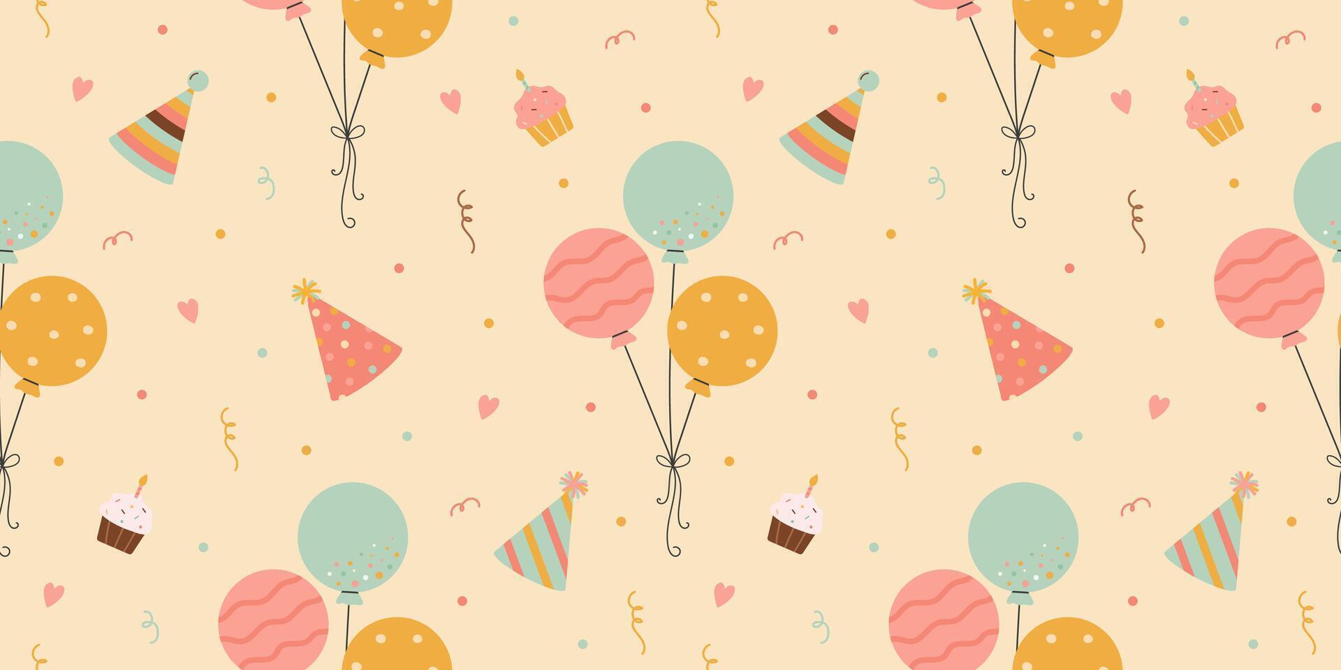 Birthday pattern with cakes, hats and balloons vector