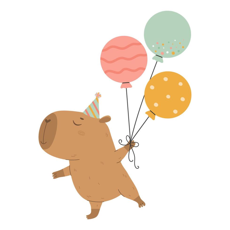 gracioso contento carpincho con globos vector