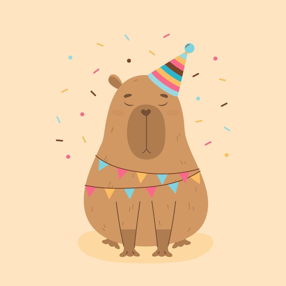 Funny capybara Happy Birthday greetings vector