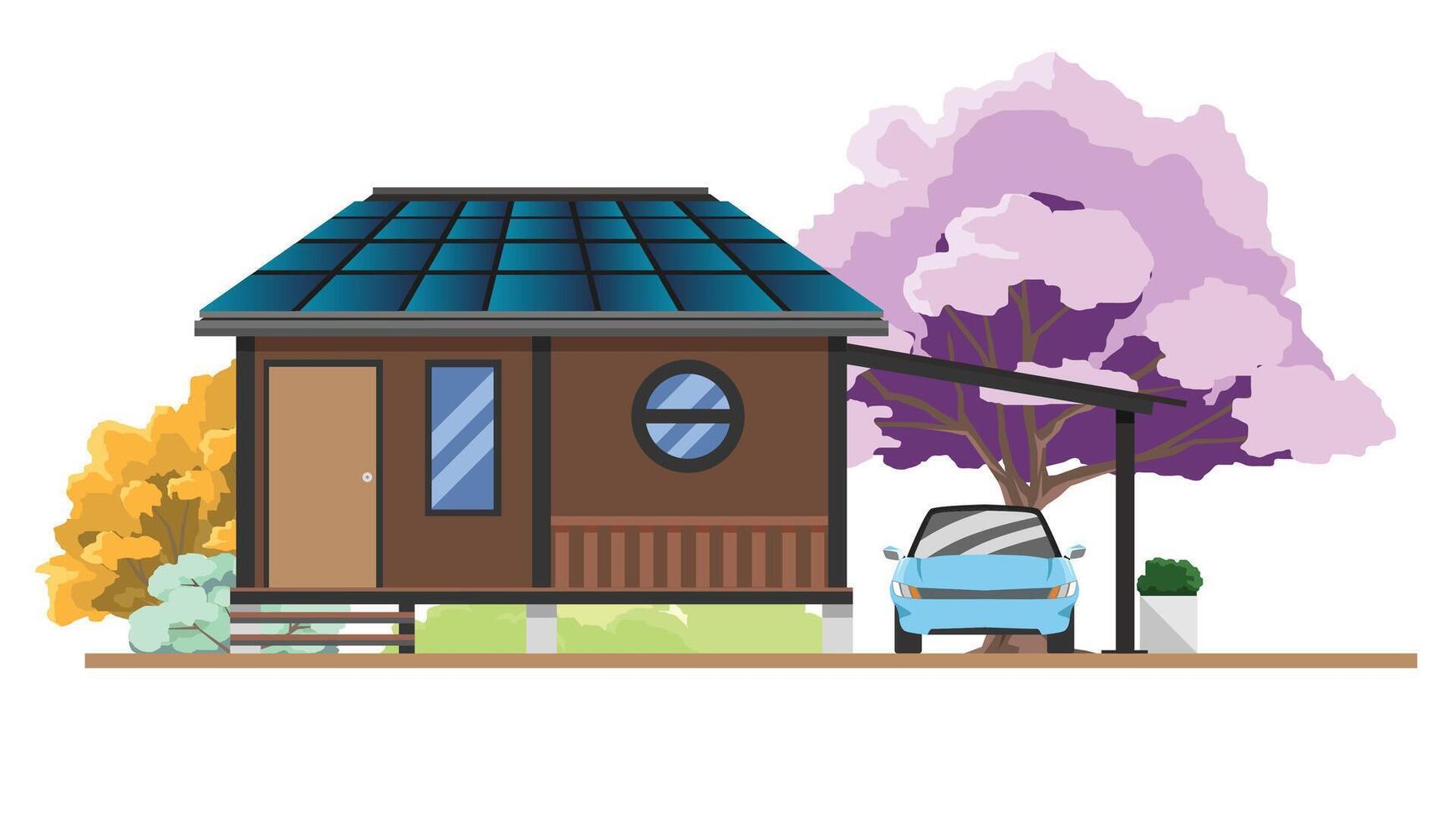 Vector or illustration of a private house woods with a garage and a car. Background of summer trees. On isolated white background.