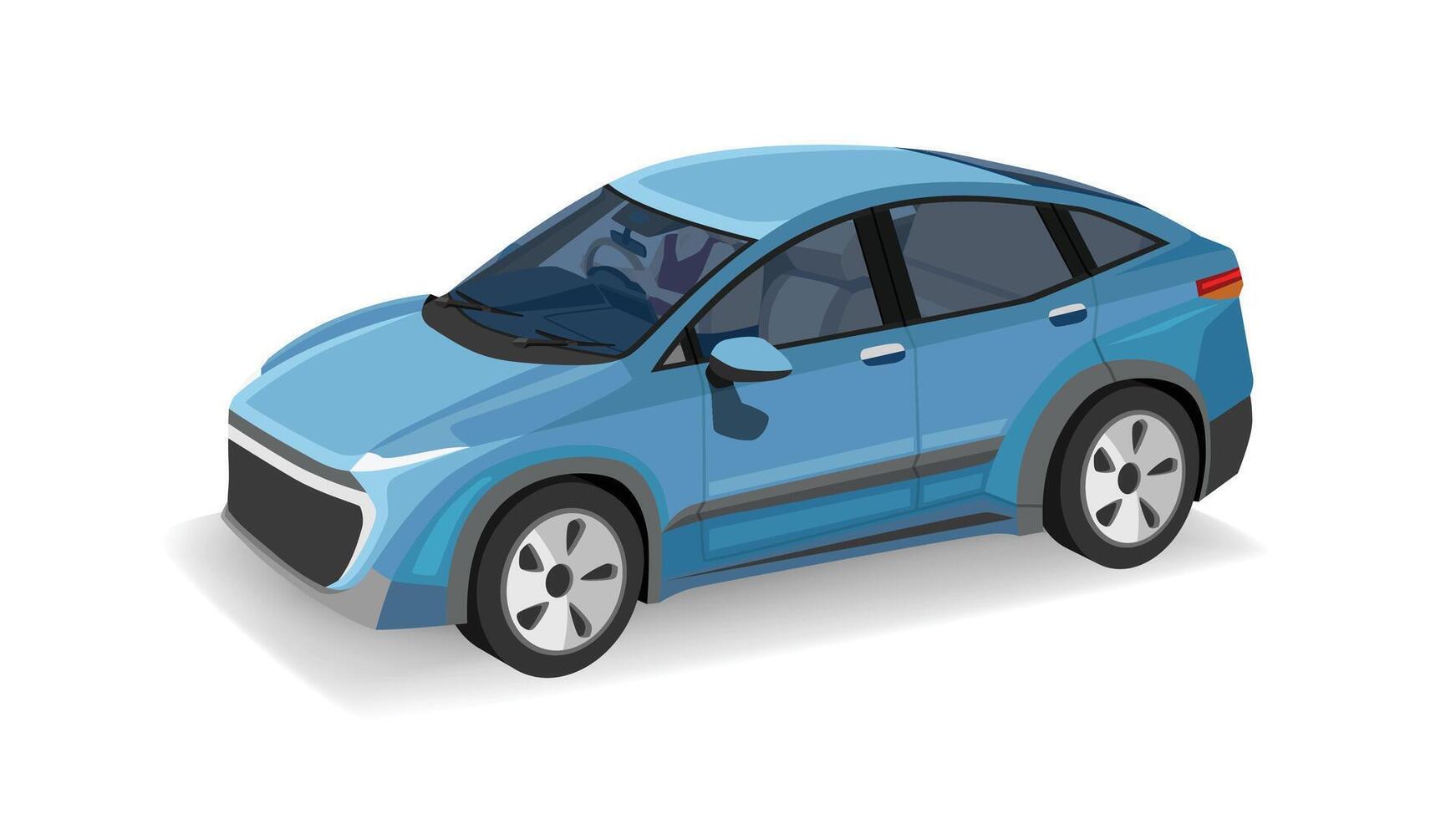 Vector or illustration persepctive view of sedan car can see interior of car and driving man on car blue color. with soft shadow on isolated white background.