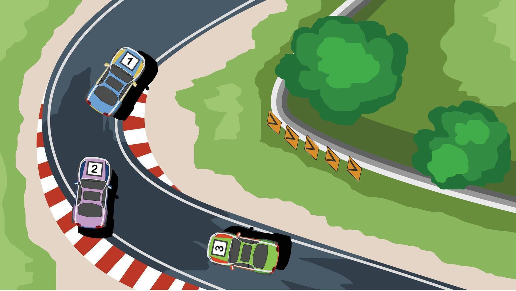 Vector or illustration of the road in the park with trees and bushes. Above view of curved route of a race track. Racing cars are numbered one, two and three in the order they compete.