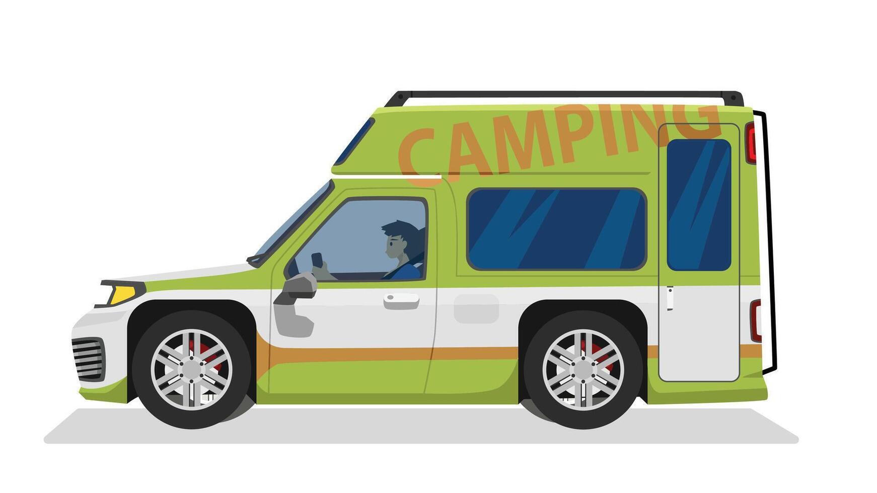 Camping car with driving man on isolated white background. Vector or illustration.