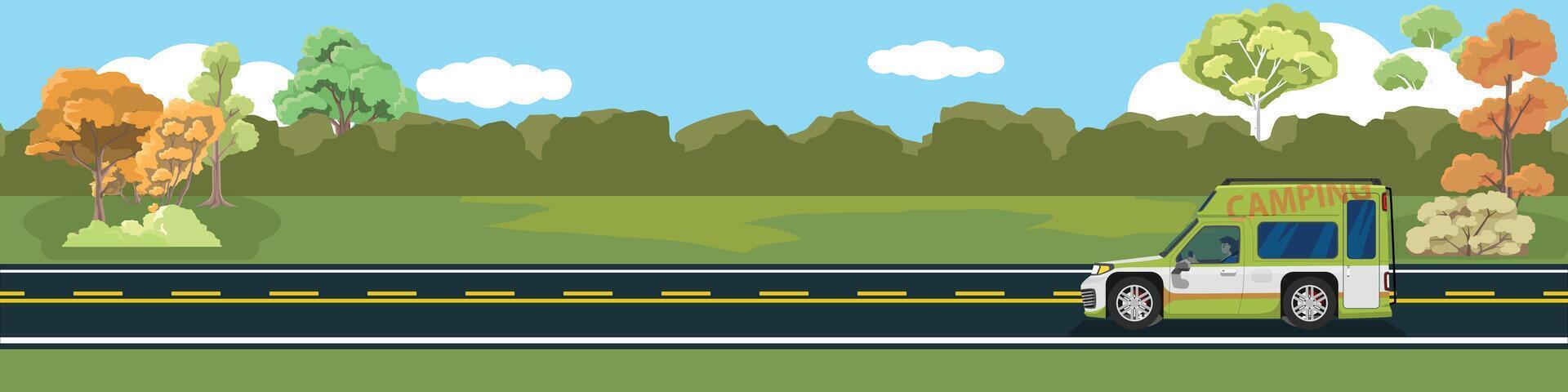 Travels of camping car with driving for banner. Asphalt road near the meadow forest under clear sky and white clouds. Copy Space Flat Vector. vector