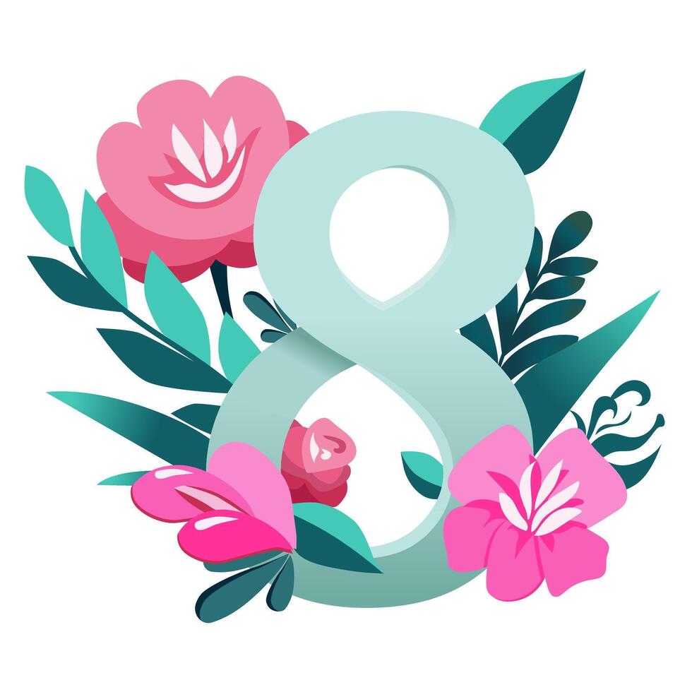 vector vistoso escritura menta texto con rosado flores por 8 marzo. número ocho por mujer día en plano diseño. aislado negrita letras para logo diseño, volantes, bandera, póster, calendario, saludo tarjeta