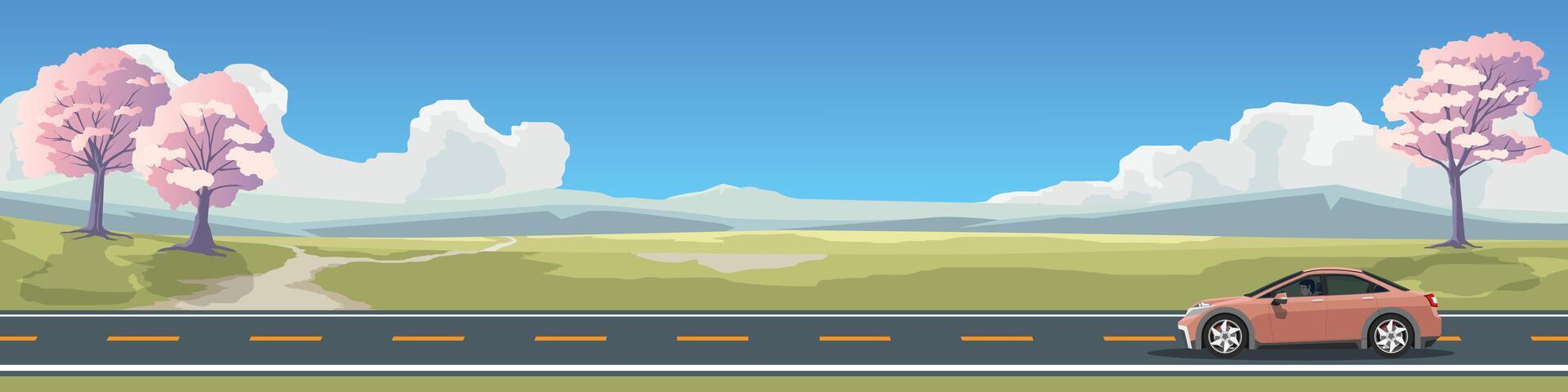 paisaje con un coche en el la carretera. viajes de sedán coche para bandera. asfalto la carretera cerca el prado con jefe Cereza árbol y montaña debajo claro cielo. lata ver interior de coche. Copiar espacio plano vector. vector