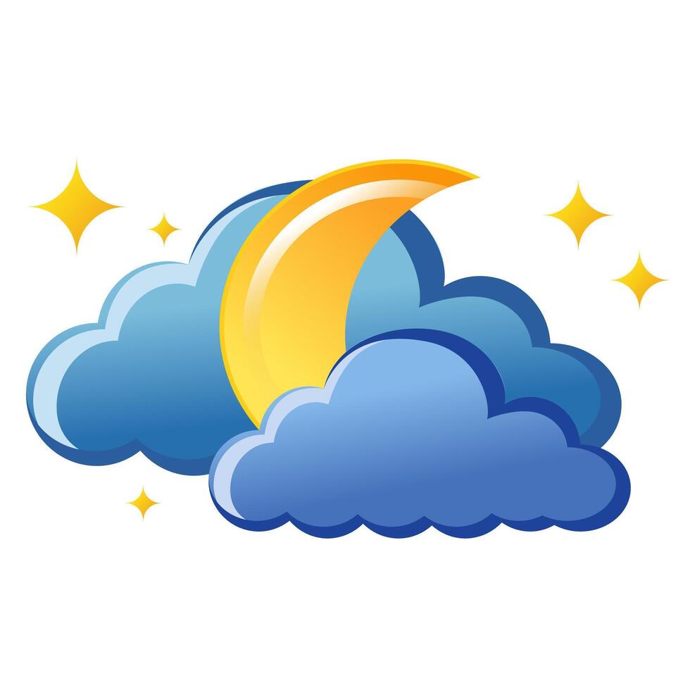 Cute vector isolated weather app icon with dark nigt thunder cloud with moon and stars. Interface elements in flat design. Minimal cartoon illustration for design web banner and greeting card
