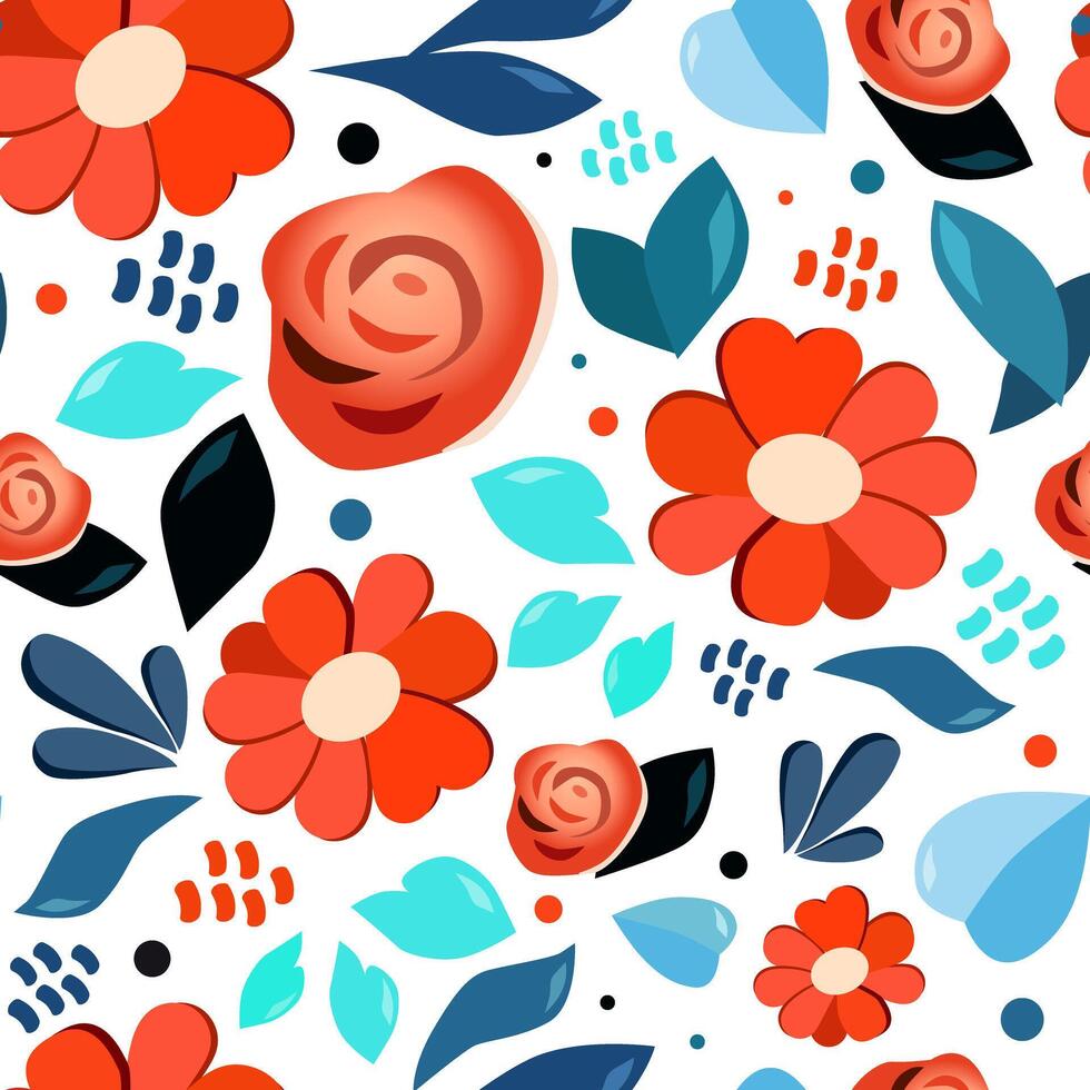 Seamless vector pattern with drawn flowers and leaf. Red blue background with plants in flat design. For scrapbooking, kids clothes, dress and textile
