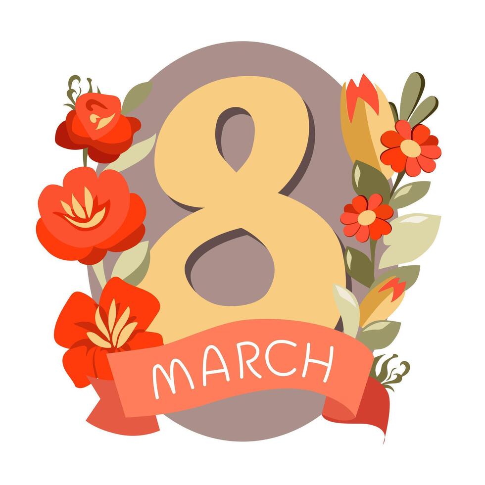 Vector colorful handdrawn yellow text with orange flowers by 8 march. Number eight by women day in flat design. Isolated bold lettering for logo design, flyer, banner, poster, calendar, greeting card