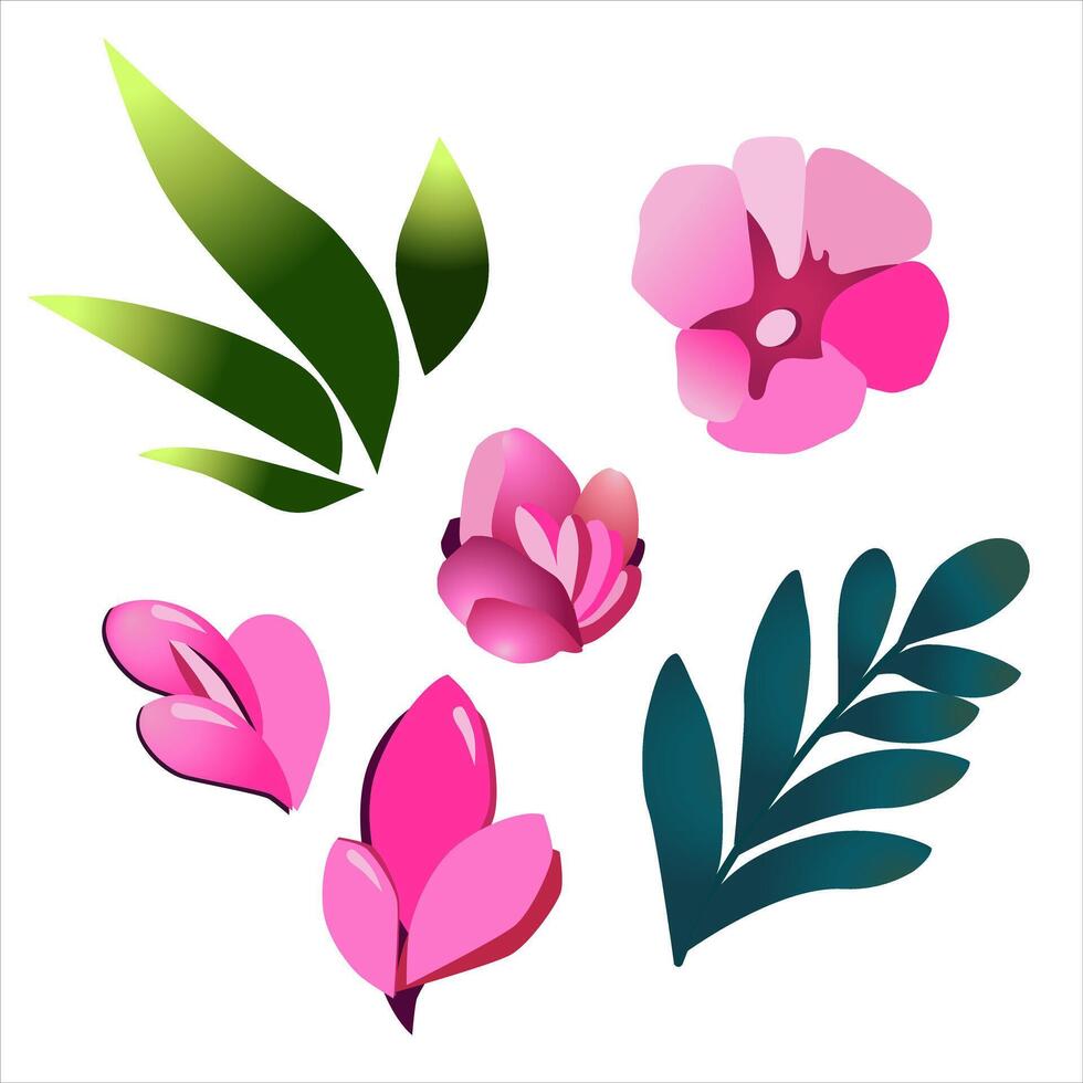 Simple vector handdrawn flowers and leaf. Pink green plants in flat design. Isolated illustration for logo design, flyer, banner, poster, calendar, greeting card, scrapbooking, kids clothes, textile