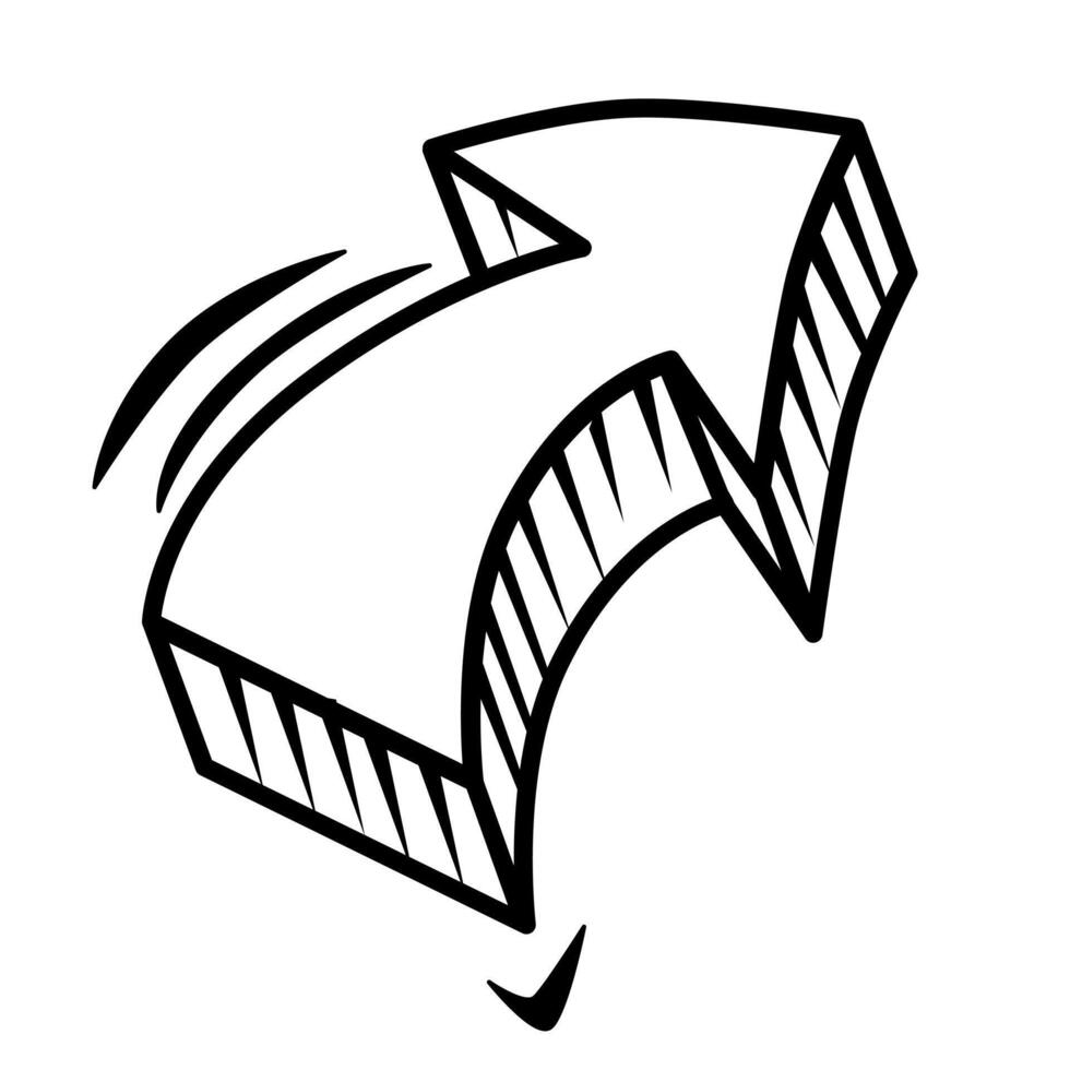 3d Vector abstract business arrow. Hand drawn geometric curved pointer up right. Isolated bold doodle for design to mark.
