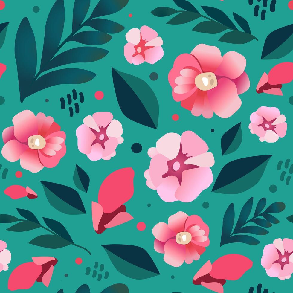 Seamless vector pattern with drawn flowers and leaf. Pink green background with plants in flat design. For scrapbooking, kids clothes, dress and textile
