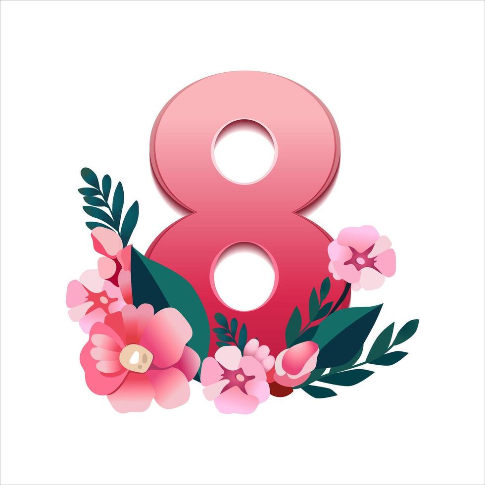 Vector colorful handwriting red text with pink flowers by 8 march. Number eight by women day in flat design. Isolated bold lettering for logo design, flyer, banner, poster, calendar, greeting card