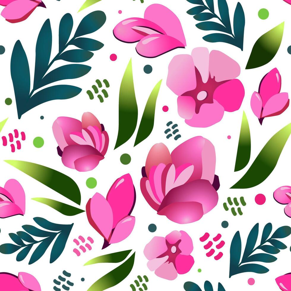 Seamless vector pattern with drawn flowers and leaf. Pink green background with plants in flat design. For scrapbooking, kids clothes, dress and textile