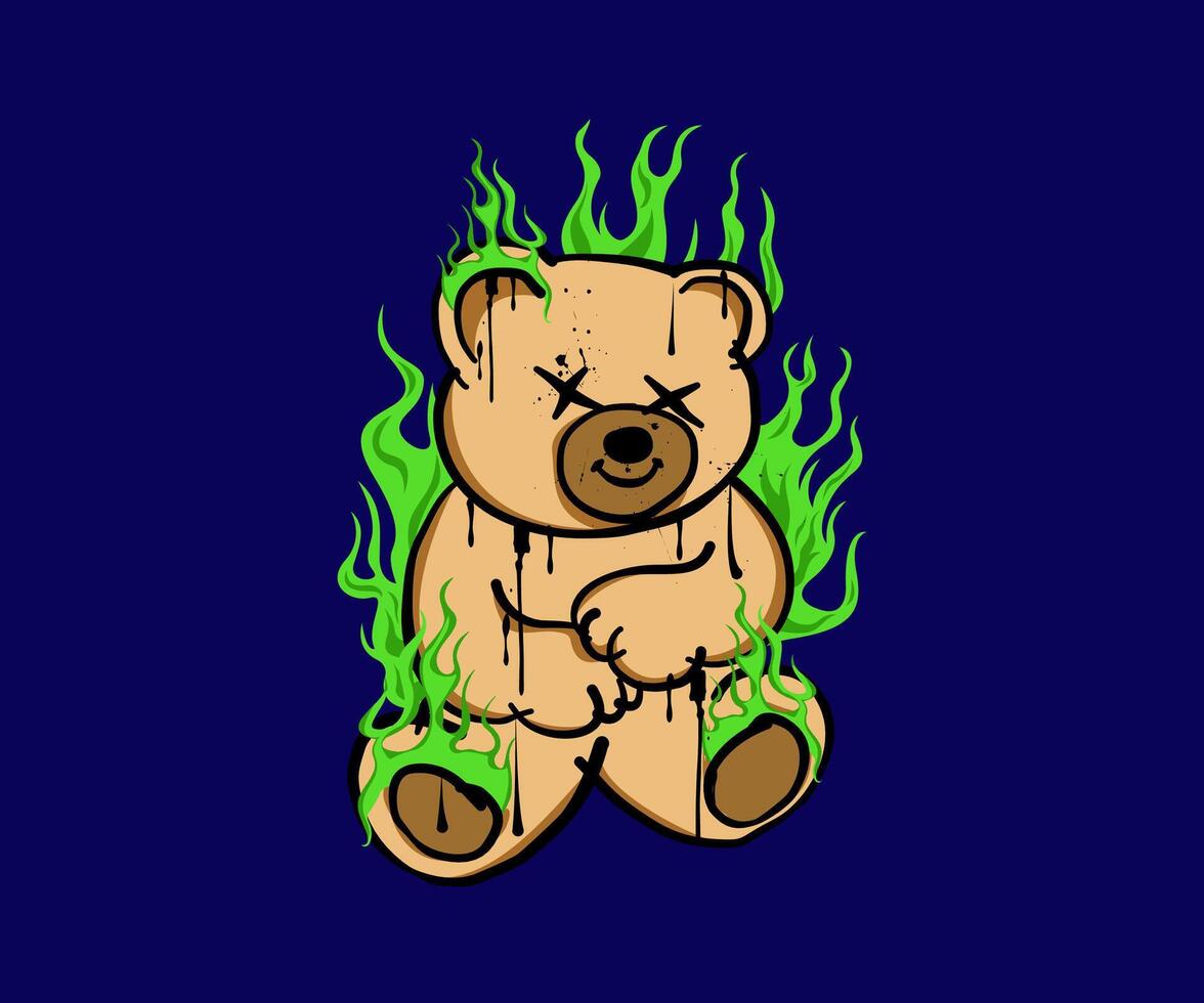 osito de peluche oso con veneno fuego fuego verde, vector ilustración en calle estilo