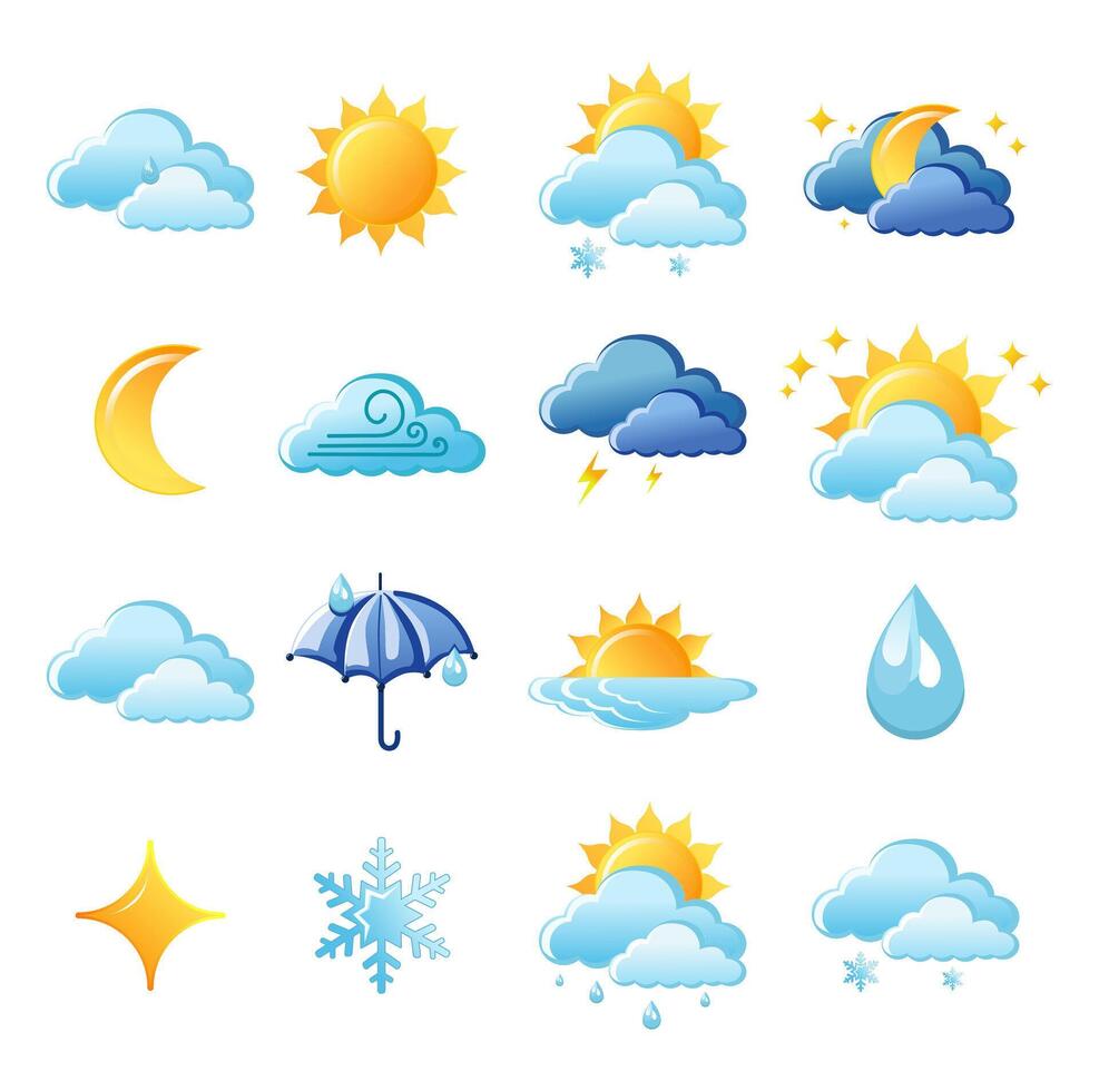 Cute vector set of isolated weather app icon with cloud, sun, snow, rain, lightning, moon and star. Interface elements in flat design. Minimal cartoon illustration for web banner and greeting card