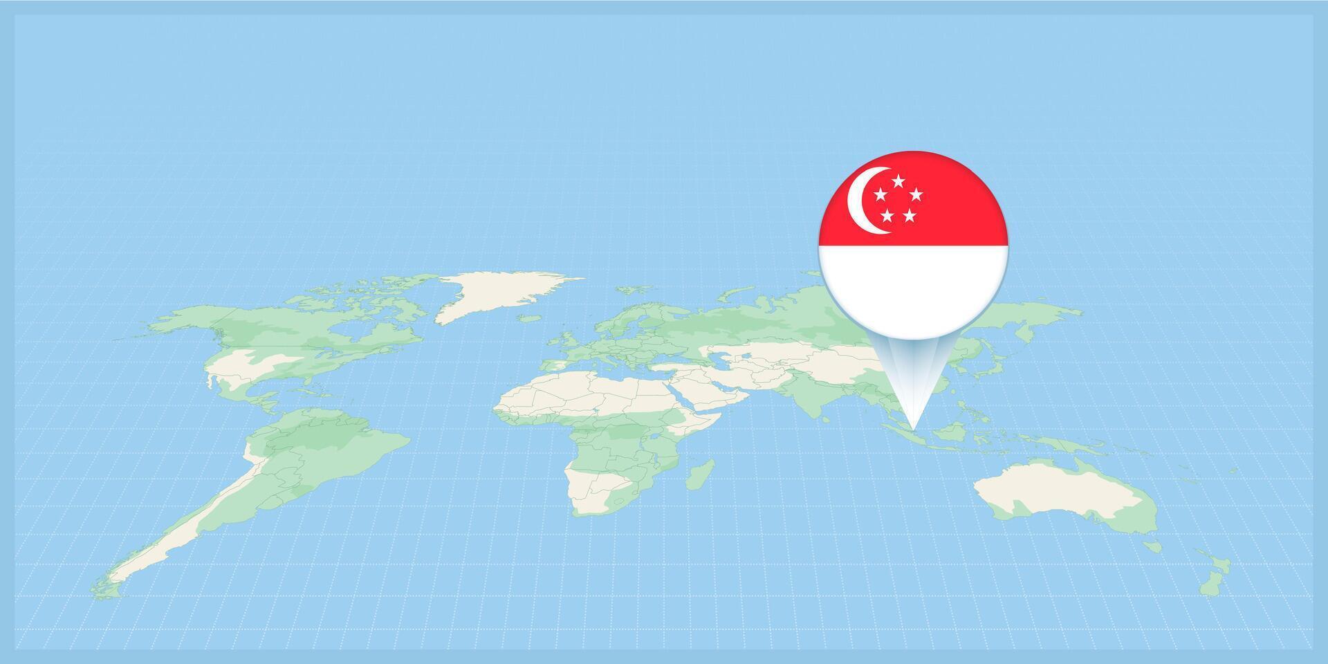 Location of Singapore on the world map, marked with Singapore flag pin. vector