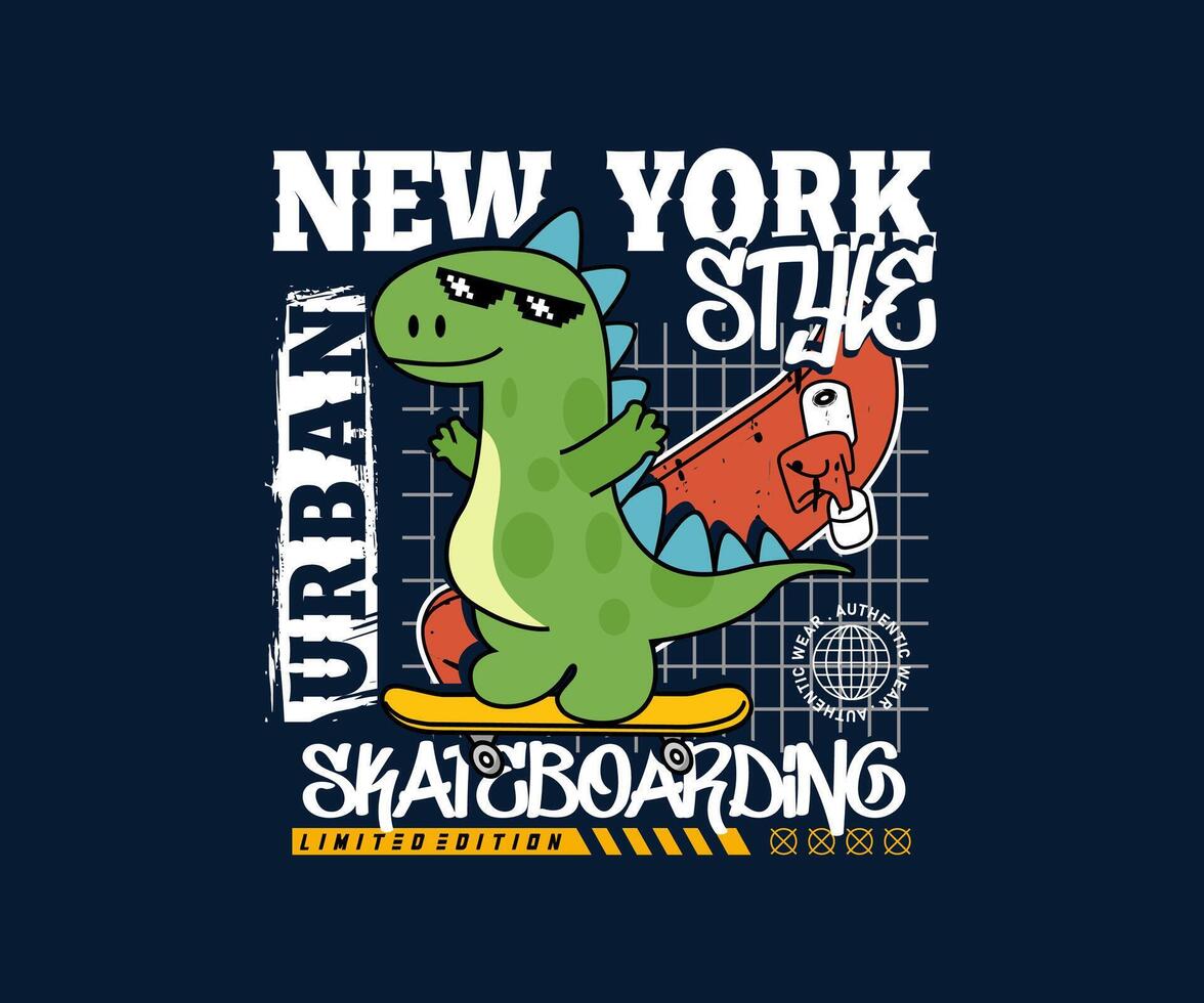 dibujos animados linda dinosaurio jugando patineta urbano t camisa impresión diseño, vector ilustración