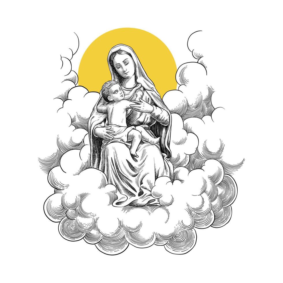 mano dibujado ilustración de madre María en grabado estilo vector