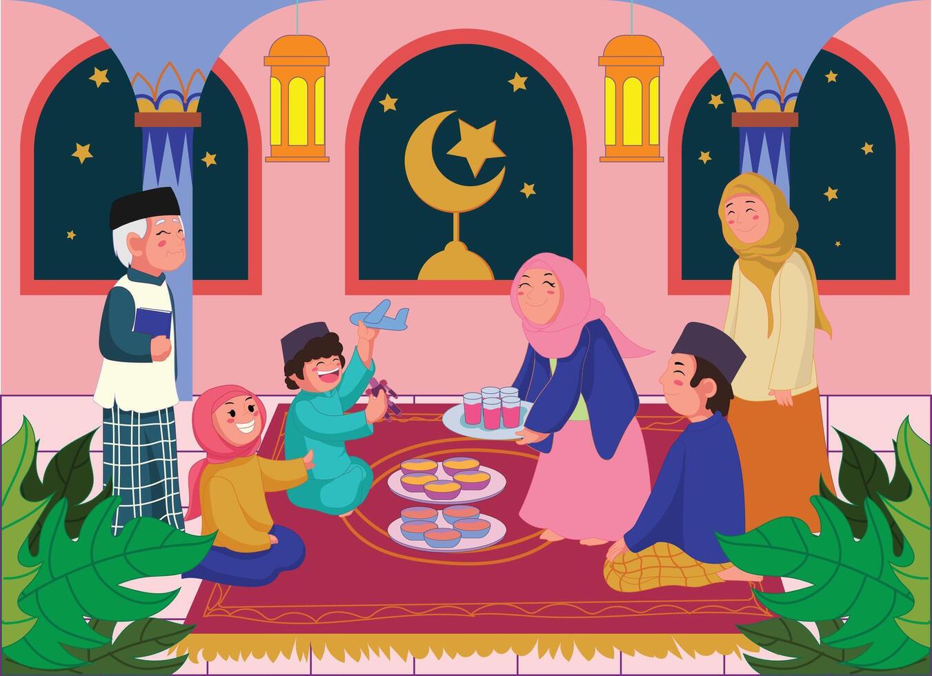 ilustración de un familia rotura el rápido, padre, madre, hijo, hija, abuelo, abuela. vector ilustración