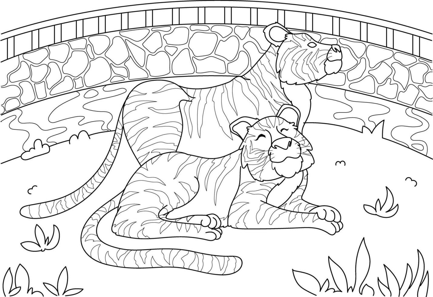 Illustration of a family of tigers basking in the sun in their enclosure at the zoo. vector