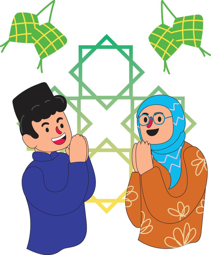 contento eid mubarak, dos personas sacudida manos vector ilustración