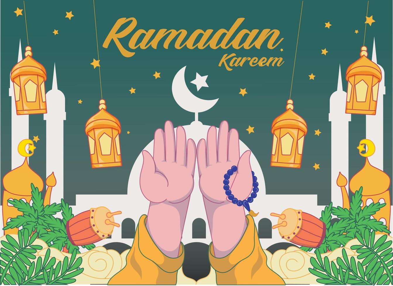 Ramadan kareem illustration vector. Banner or poster with lantern, star and cloud ornament, praying hands with rosary suitable for celebrating Ramadan events. vector