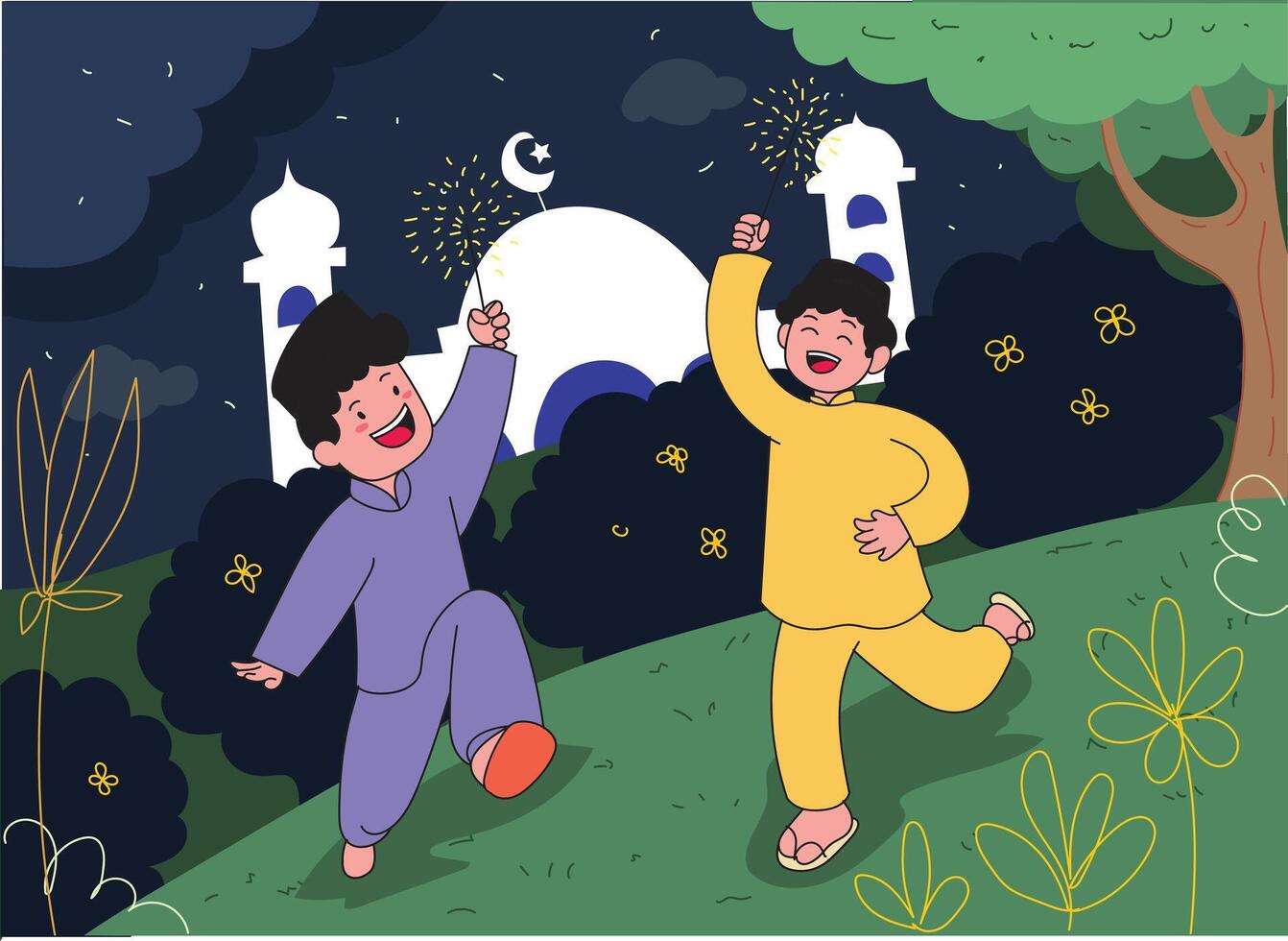 antecedentes ilustración de dos niños celebrando eid al-fitr por ajuste apagado fuegos artificiales vector