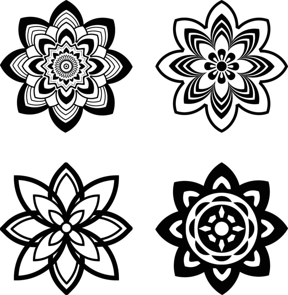 set of simple decorative black floral mandala vector