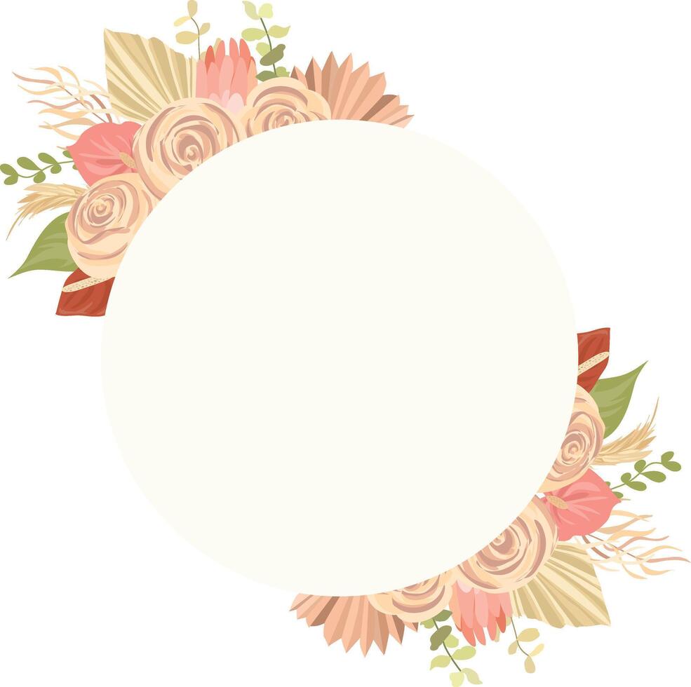 Floral decoration vector frame. mawar, pampas grass wedding wreath. Exotic dry flowers, palm leaves boho invitation card.