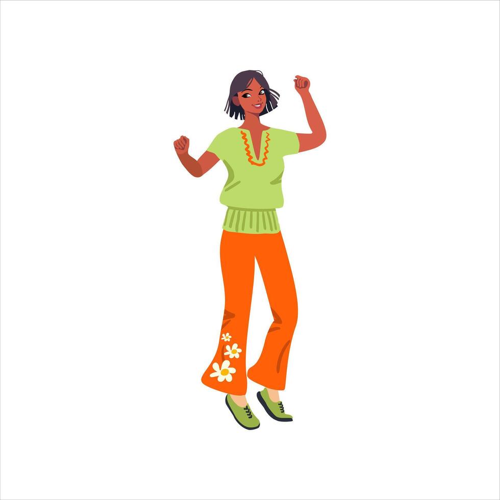 Cheerful cute girl in hipster clothes. Hippie. Confident people celebrate victory. Young student flirts. Retro. vector