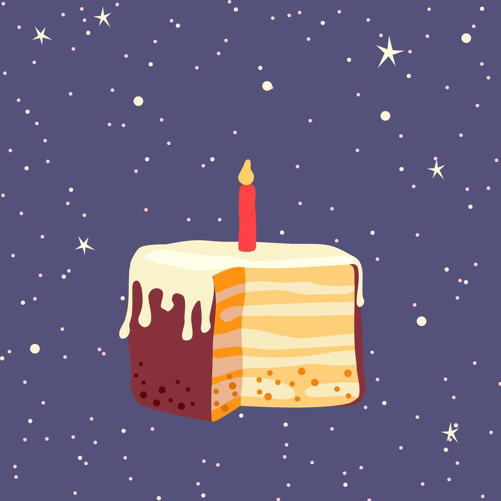 Piece of layer cake with cream and candle for 1 year birthday for card, invitation and banner. Blue night sky background with stars. Vector