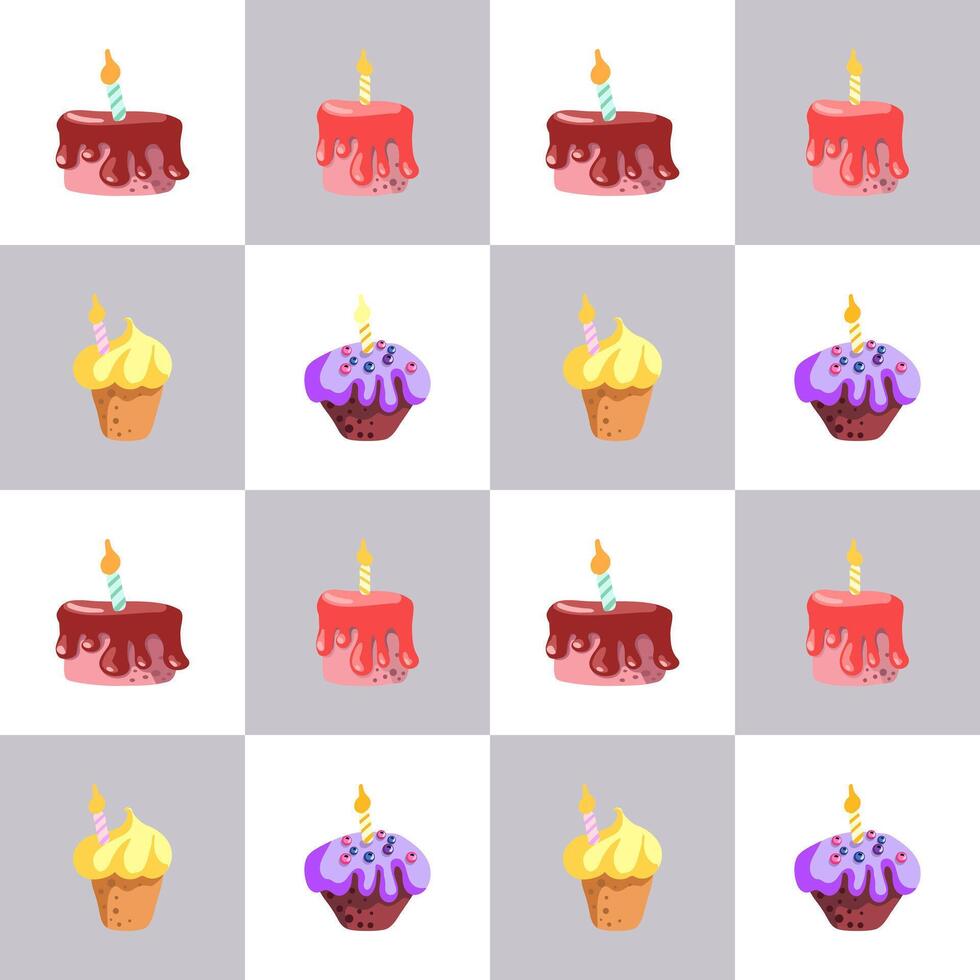 Seamless pattern of with Happy Birthdays cakes tarts pies muffins, Hand drawn vector