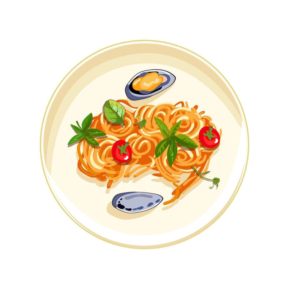 paella con Mariscos en un lámina. Cereza Tomates con hierbas y mejillones. sano desayuno. sano comiendo. vector