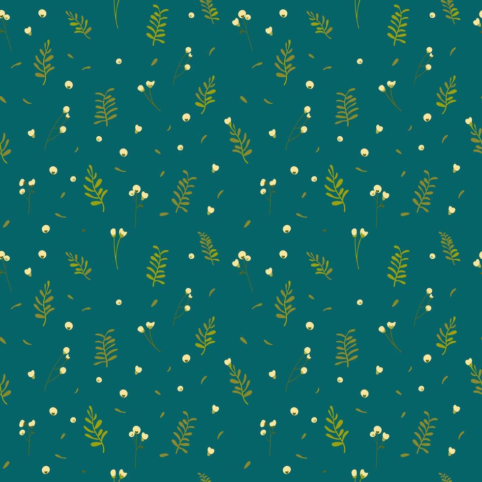 Botanical seamless pattern hand drawn. Dark turquoise background with plants. Minimalist style. Vector