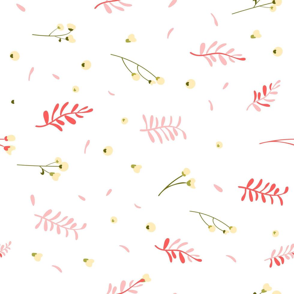 Botanical seamless pattern hand drawn. White background with delicate flowers and leaves. vector