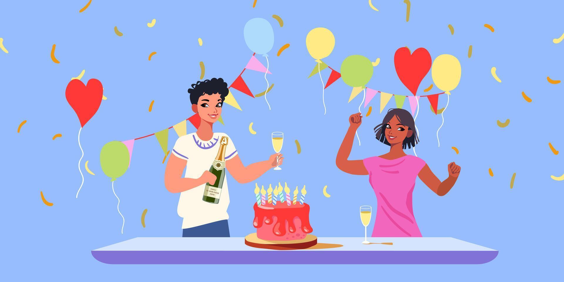 Birthday party with office colleagues and friends from work. Giving cake and using confetti. Happy girl sits at table with near business partner who congratulated on birthday. vector
