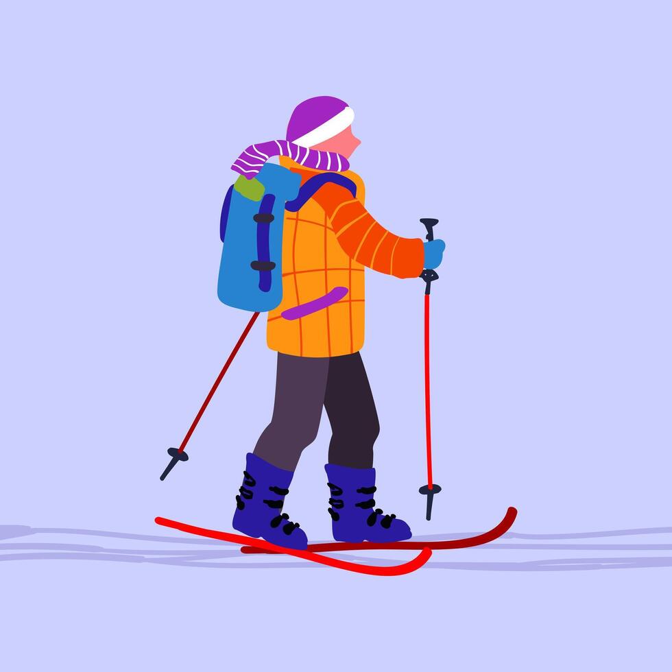 A man on a ski trip. Mountain landscape with ski tracks. Winter holidays and travel. Minimalism. Vector