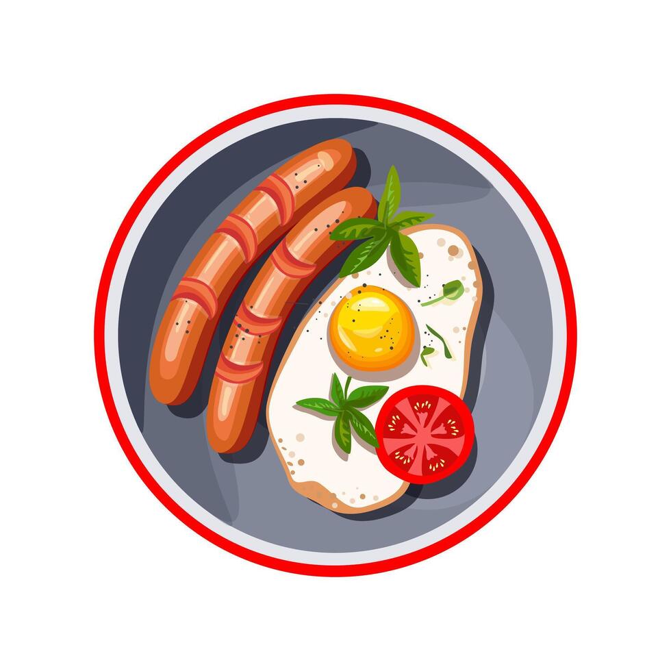 Scrambled eggs with sausages with fresh herbs. Realistic style. Fried egg. Hot food for cafe and restaurant menus. Vector