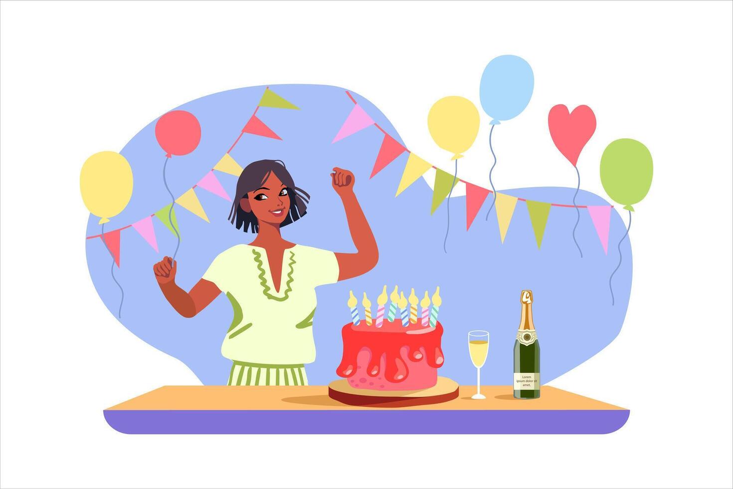 mujer celebrando cumpleaños golpes fuera vela en pastel. vector ilustración