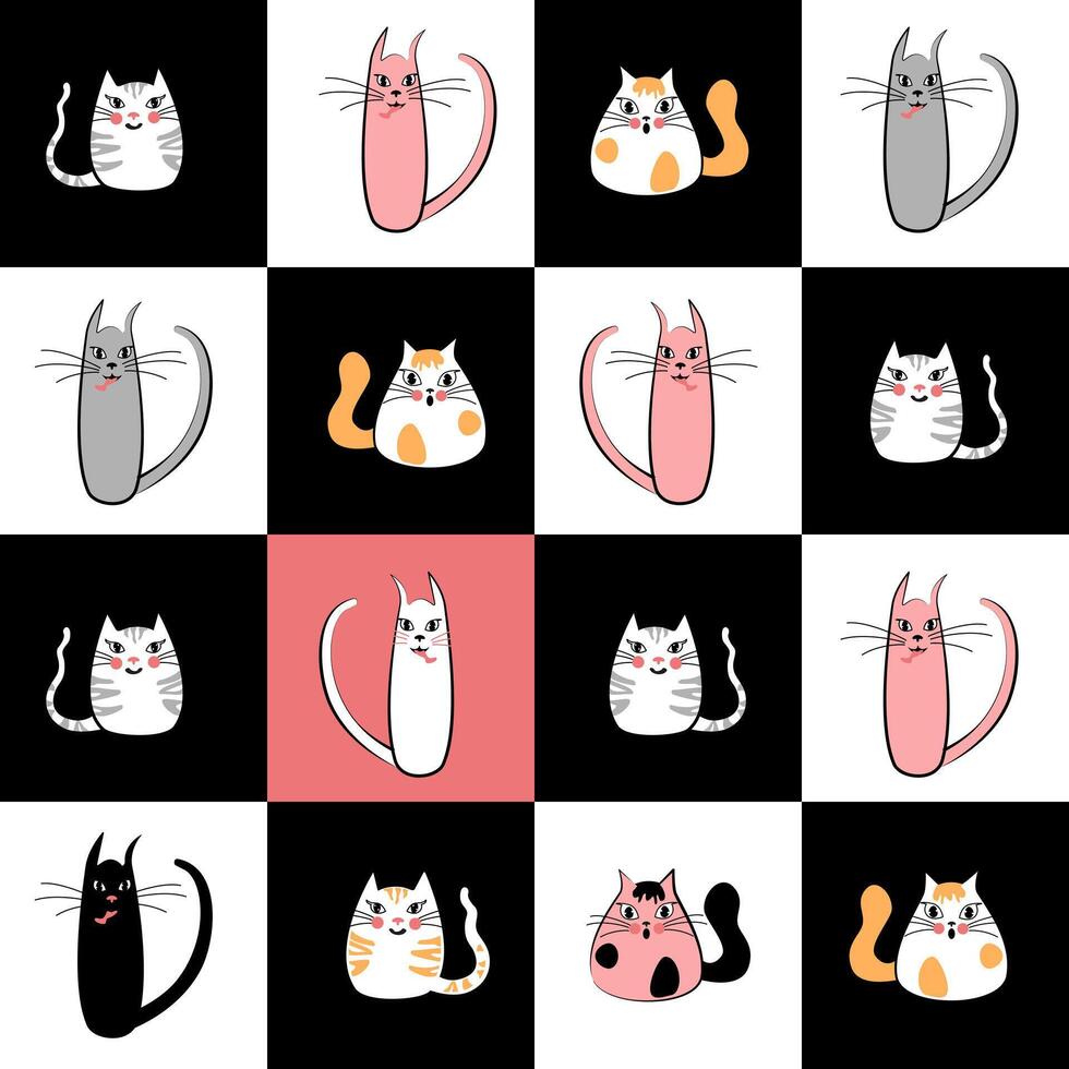 Seamless pattern white, pink, grey and yellow cats on the chessboard. Vector