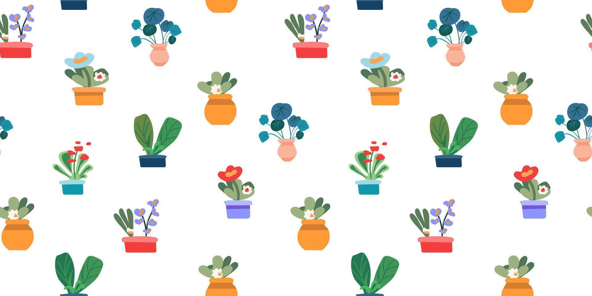 Botanical seamless pattern for printing textiles, paper, cards. Indoor flowers. House plants in pots for the interior. Minimalism. Vector