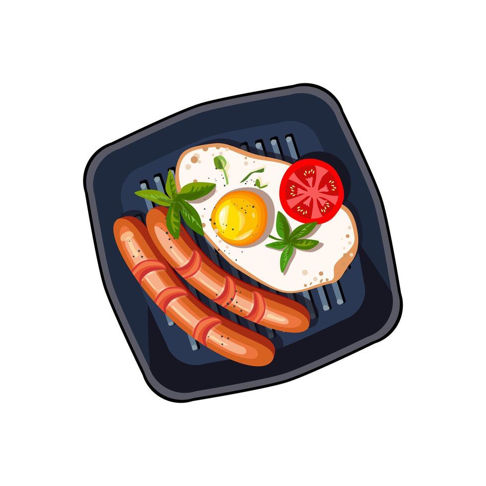 Scrambled eggs with sausages with fresh herbs. Realistic style. Fried egg sprinkled with spices. Vector