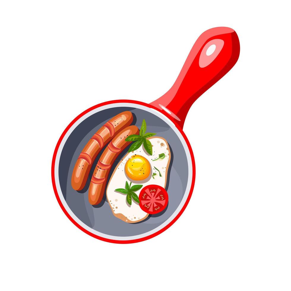 Scrambled eggs with sausages with fresh herbs. Realistic style. Fried egg in a red frying pan. Hot food for cafe and restaurant menus. Vector