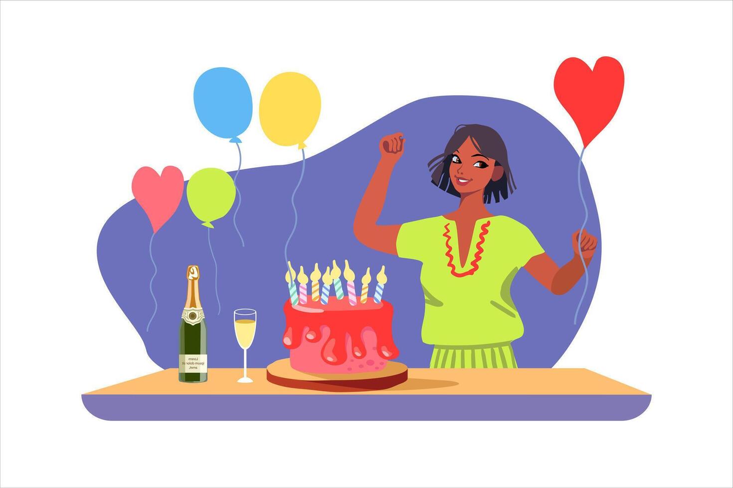 Girl celebrating birthday and dances. Candle on cake and makes wish while near festive balloons. vector